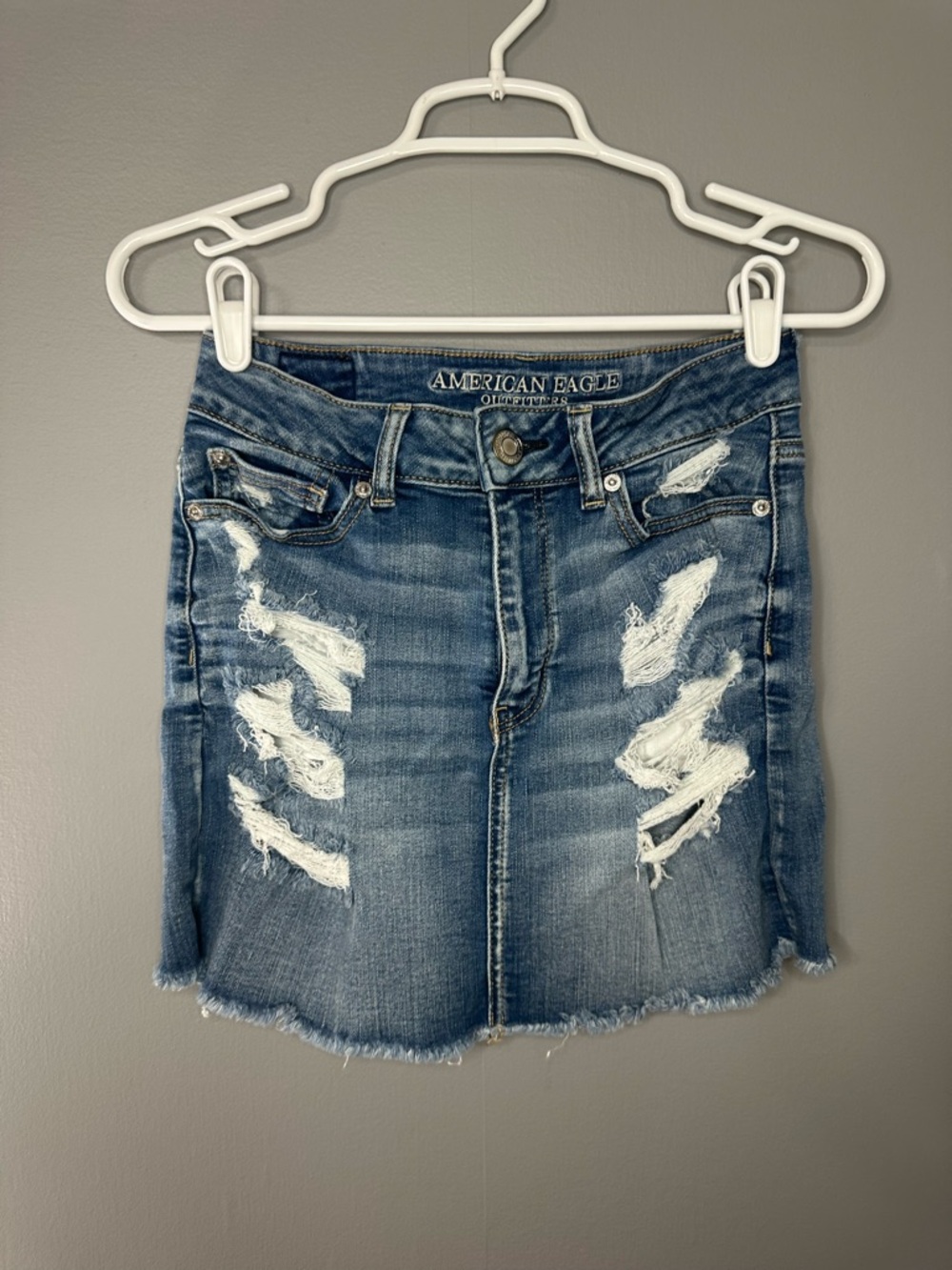 American Eagle Outfitters Distressed Dark Blue Denim Mini Skirt
